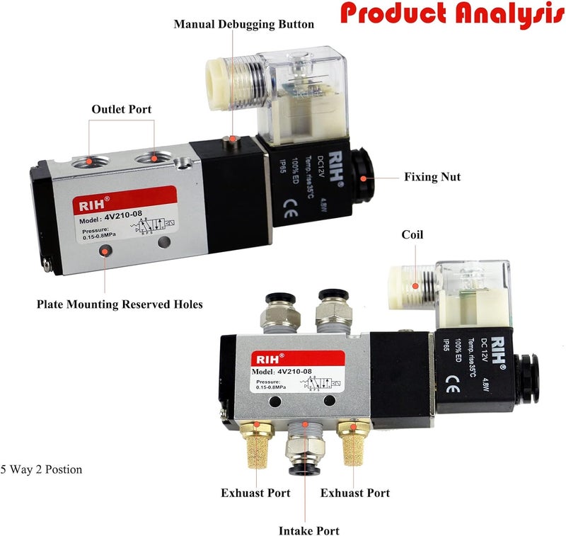 RH Pneumatics Solenoid Valve 4V210-08 12V/24V/110V Series Single Coil Pilot-Operated Electric 2 Position 5 Way Connection Type (DC12V/Junction Box, 1/4"NPT) - Image 3